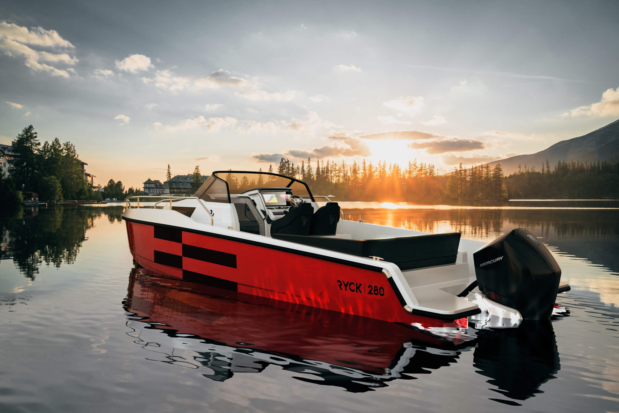 daycruiser, cockpit, outboard, engine, bathing platform, hull, sunset