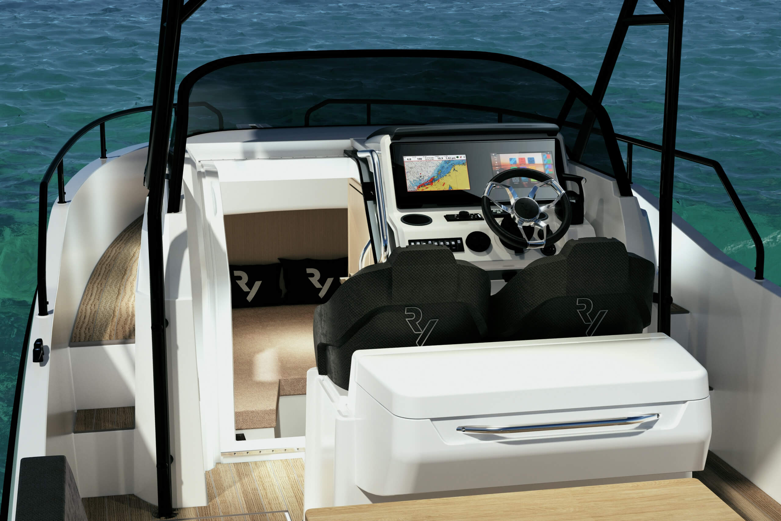 powerboat, weekender, cockpit, helm, bridge, wheel