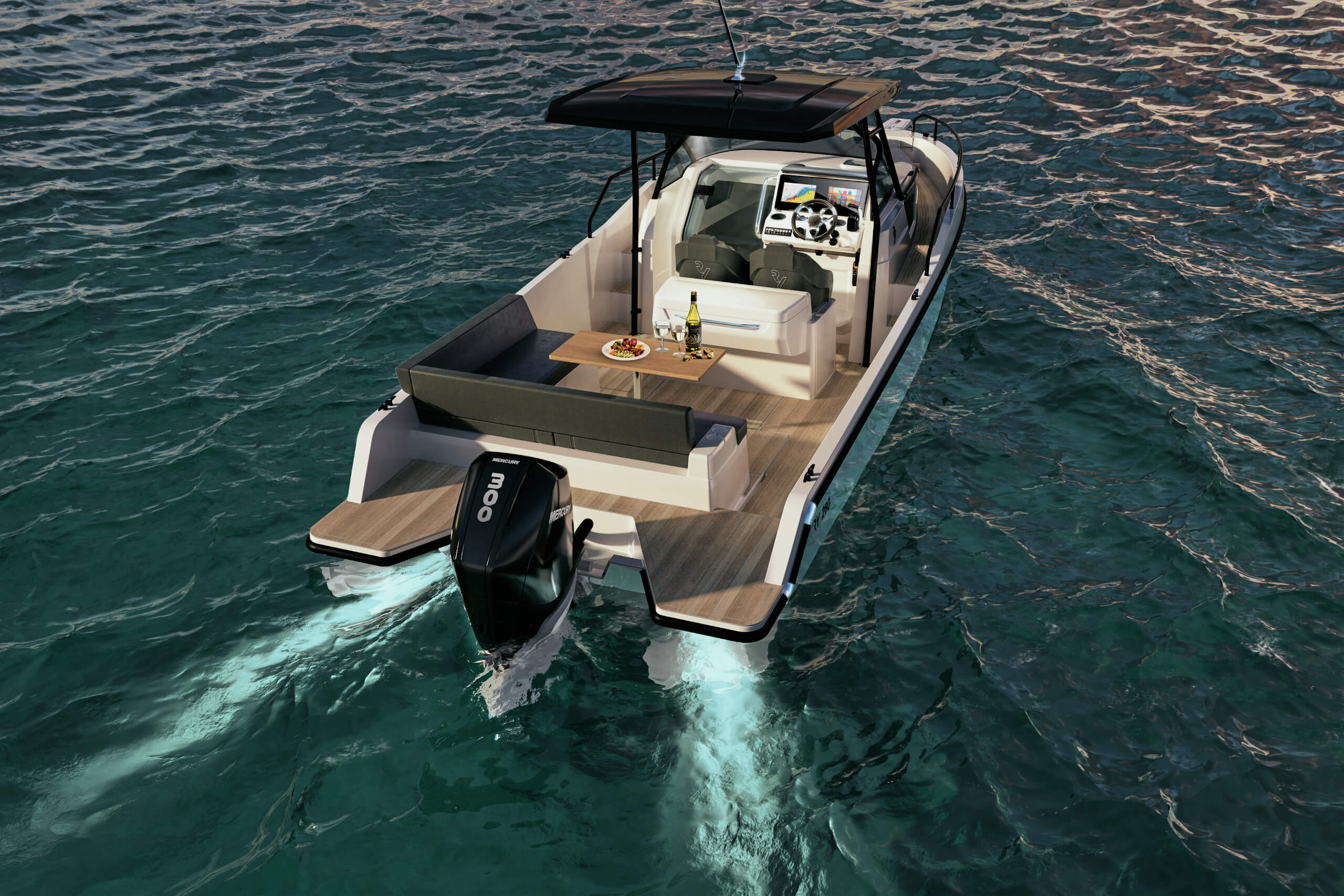 motorboat, daycruiser, aft, bathing platform, swim ladder, outboard, cockpit, freeboard