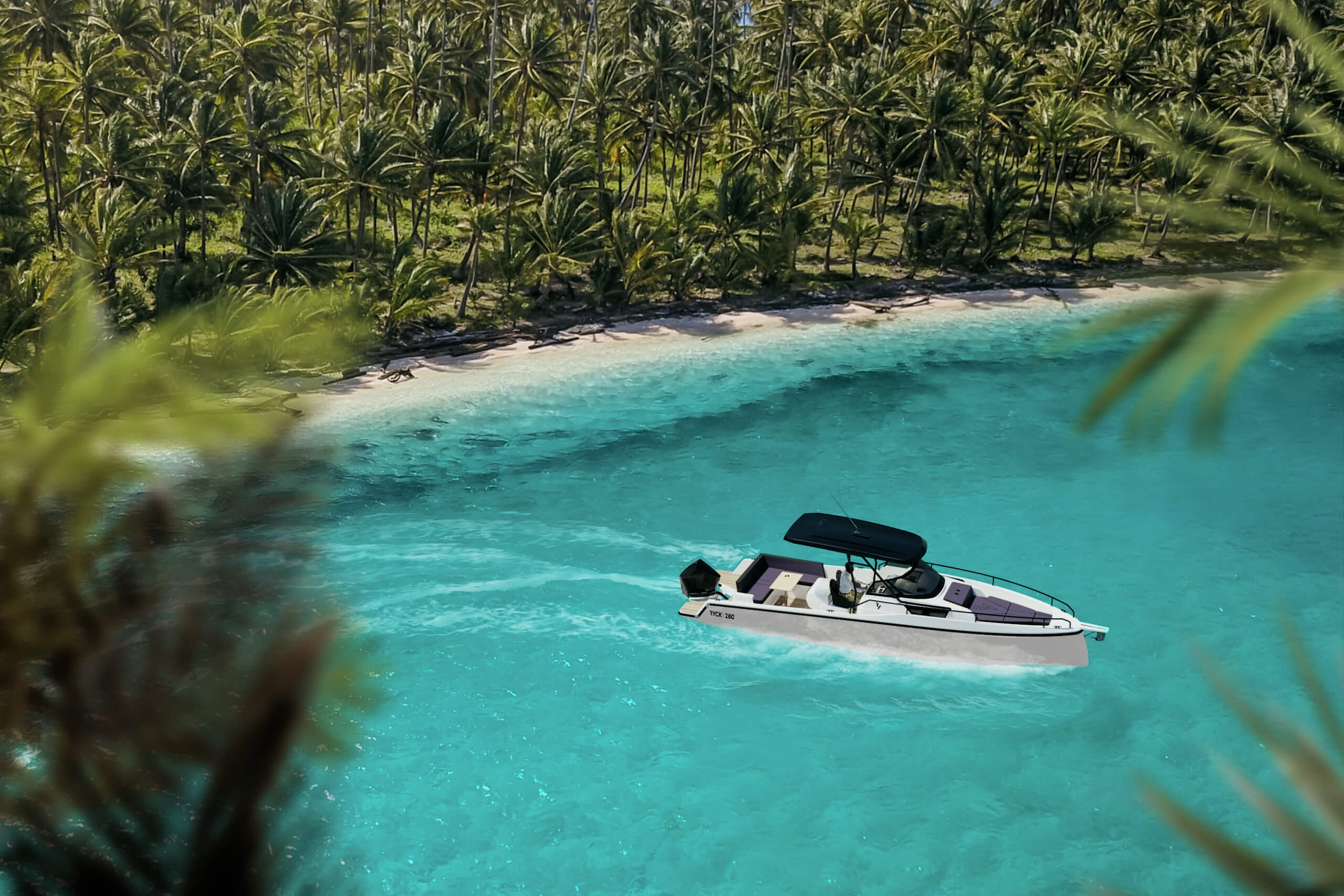 Cruiser boat from bird's eye view in tropical bay