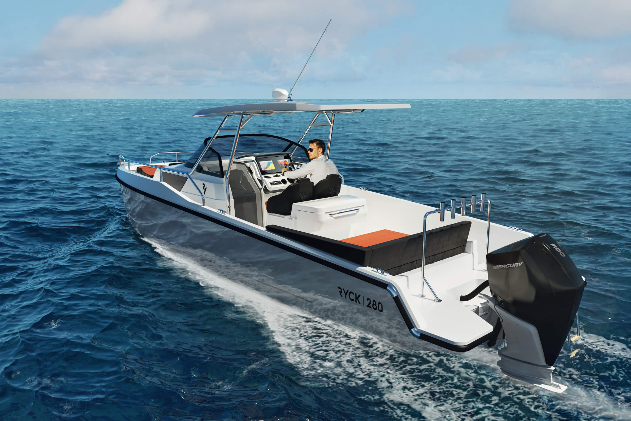 Fishing boat with fishing rod holder