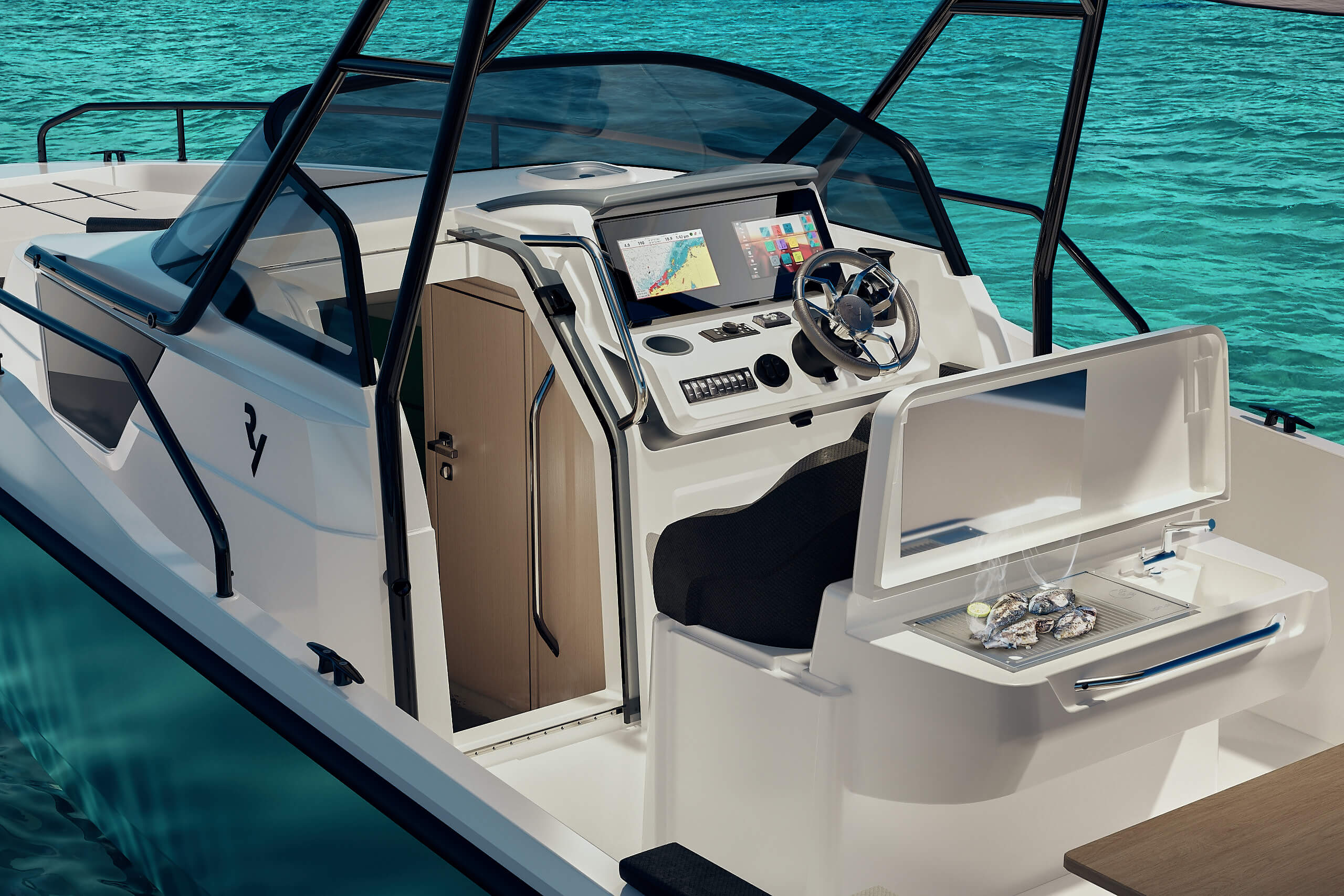 motorboat, daycruiser, cockpit, bbq, wetbar, helm, t-top