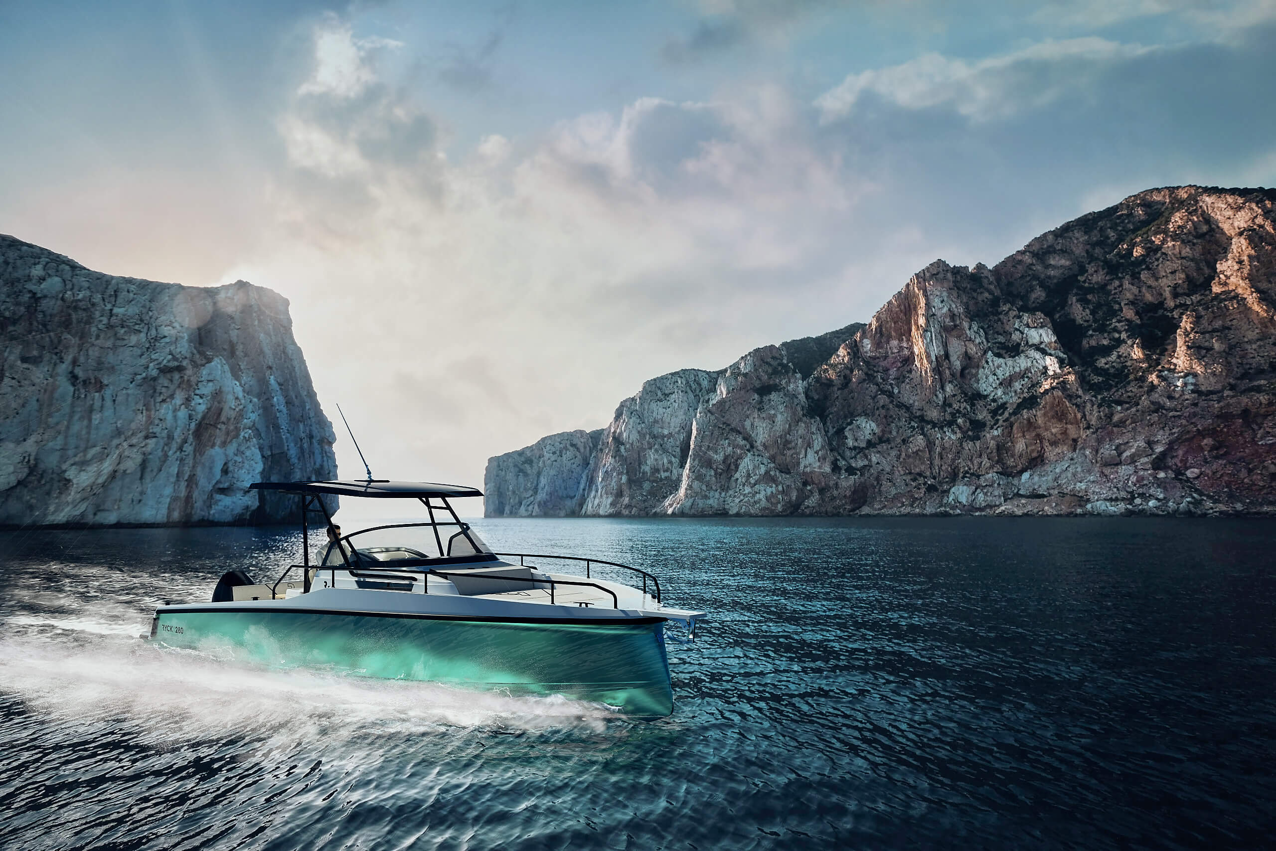 motorboat, daycruiser, deck, hull, speed, cruising, t-top