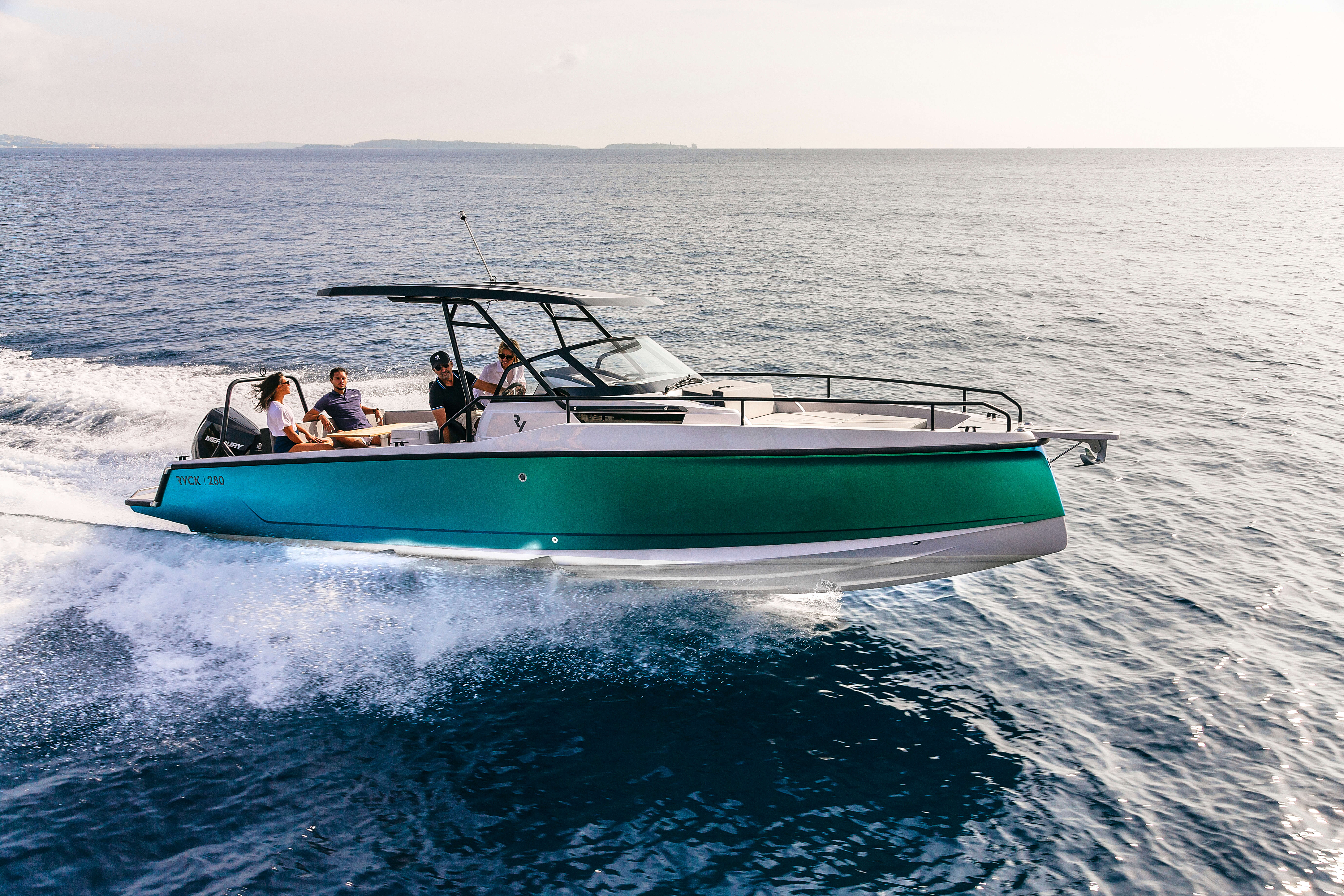 Stylish motorboat speeding on the open water