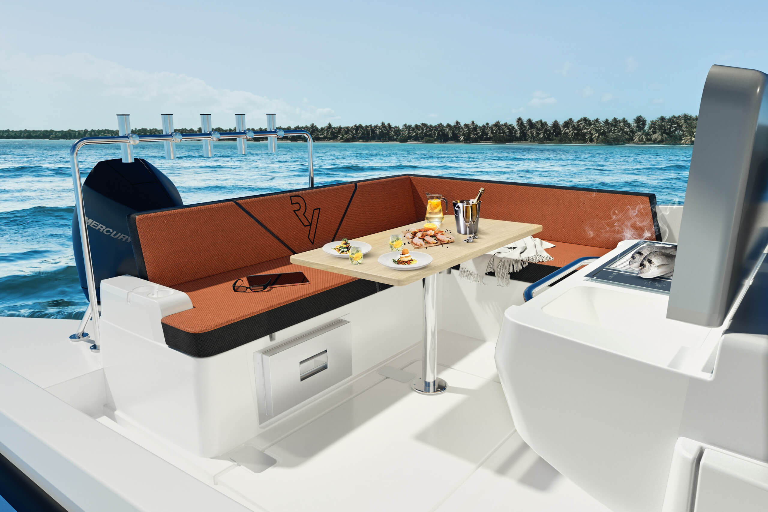 motorboat, daycruiser, cockpit, bbq, wetbar, fishing, pole holder, pole stand, bench, table