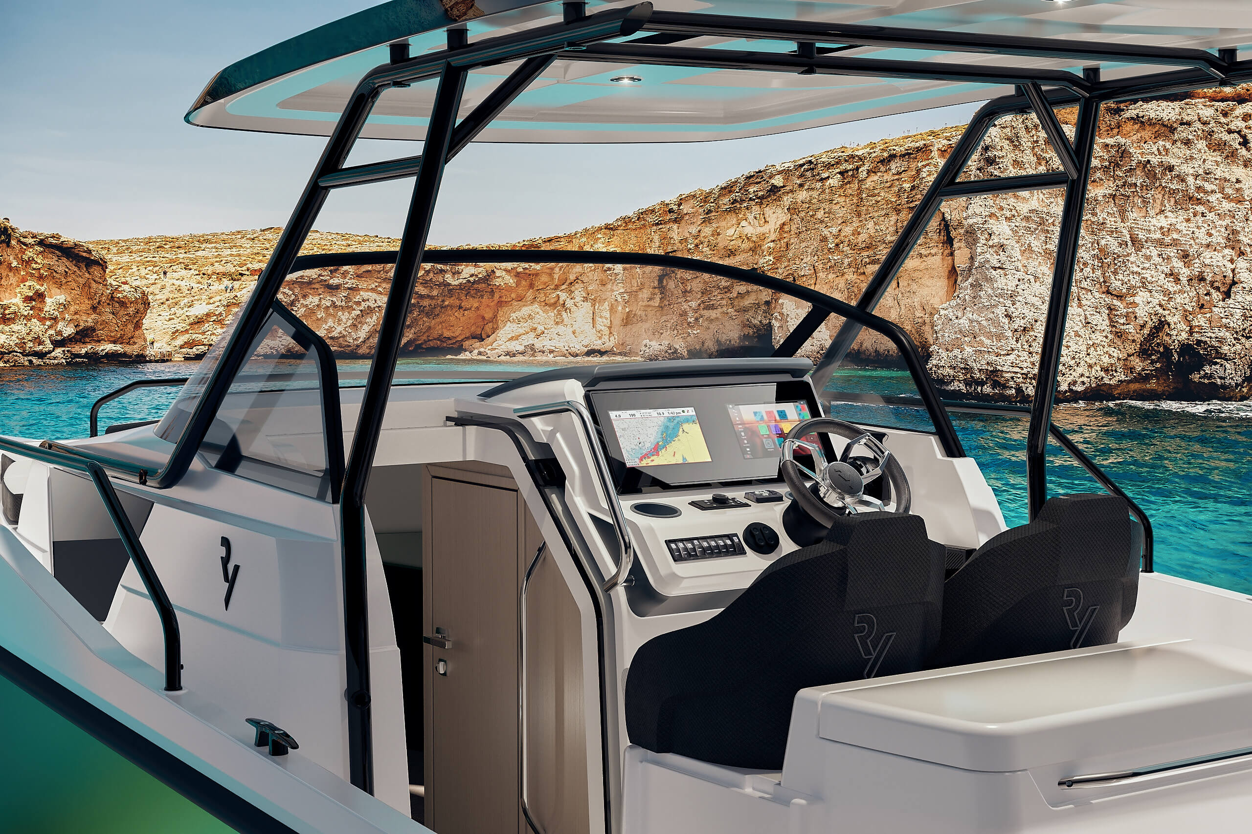 powerboat, weekender, daycruiser, cockpit, helm, t-top, railing, bridge