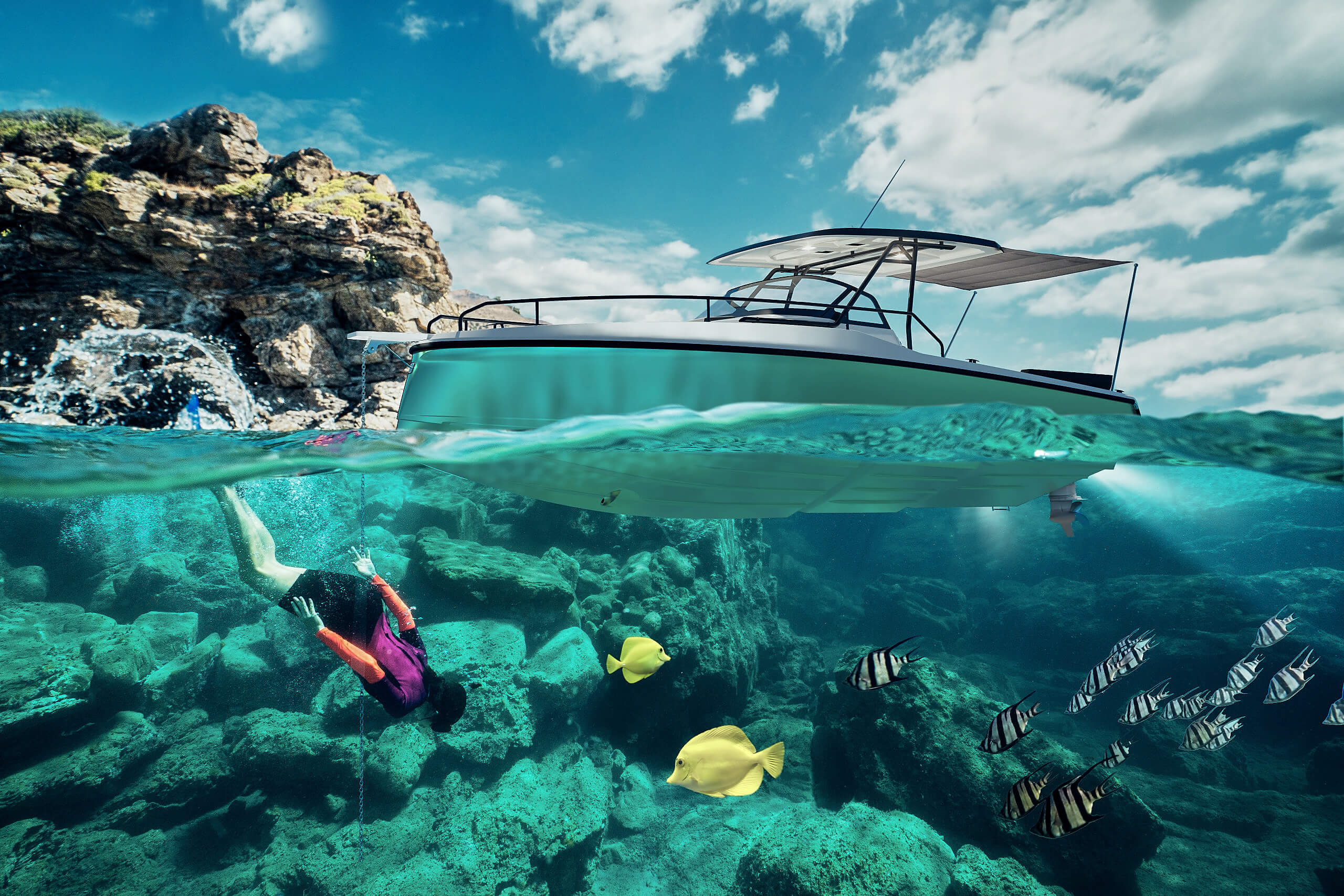 powerboat, weekender, daycruiser, bow, hull, underwater, railing, t-top, sunroof